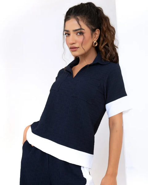 Pop Jacquard Navy Blue With White Detail Co-Ord Set