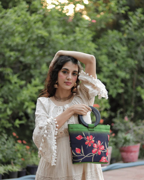Green Floral Wooden Clutch