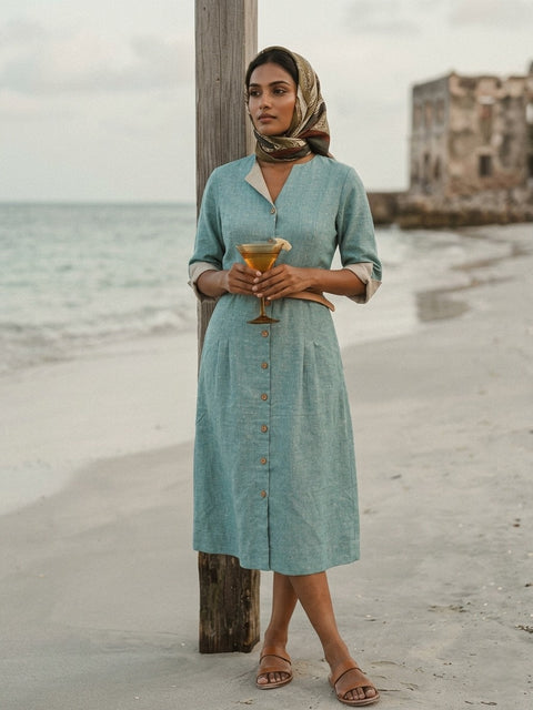 Turquoise Asymmetrical Split Collar Dress