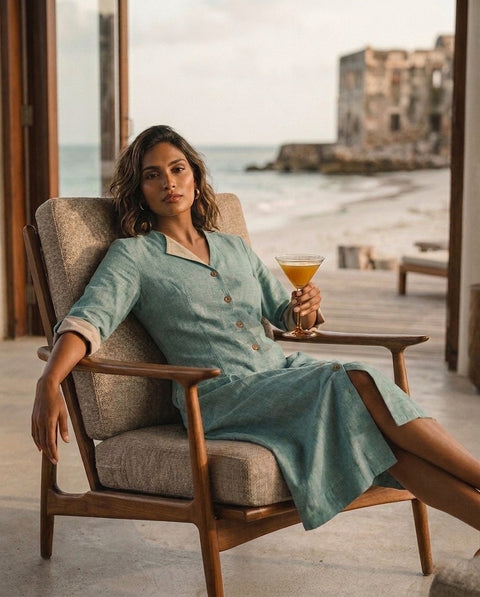 Turquoise Asymmetrical Split Collar Dress